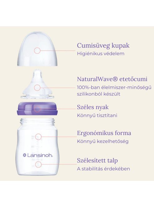 Lansinoh Cumisüveg lassú folyású etetőcumival + fedéllel, 160 ml
