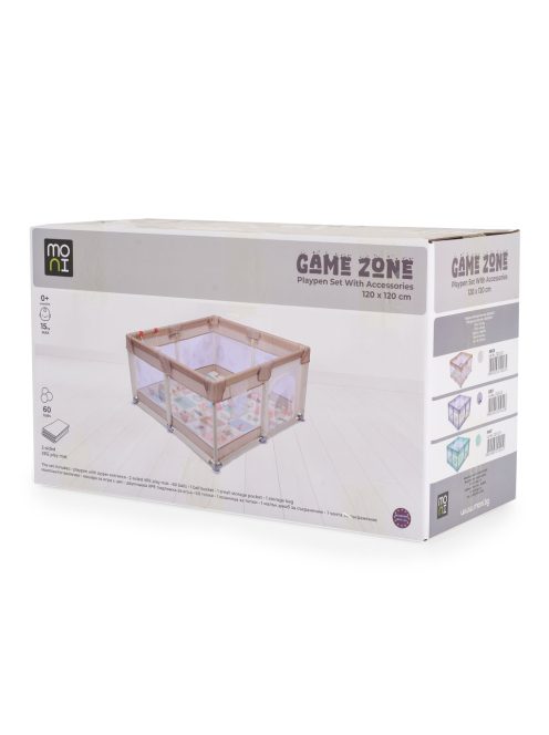 Moni GAMEZONE összecsukható járóka szőnyeggel, 60 labdával 120x120 SZÜRKE 