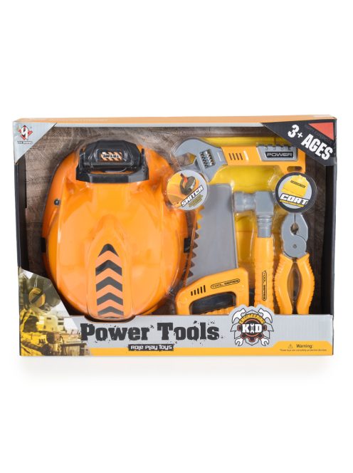 Power Tools FIÚ játék sisak, mellény, szerszámok SÁRGA