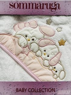    Kapucnis babatörölköző nyuszi család mintával – rózsaszín, 100% pamut frottír, 70×70 cm