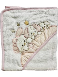    Kapucnis babatörölköző nyuszi család mintával – rózsaszín, 100% pamut frottír, 70×70 cm